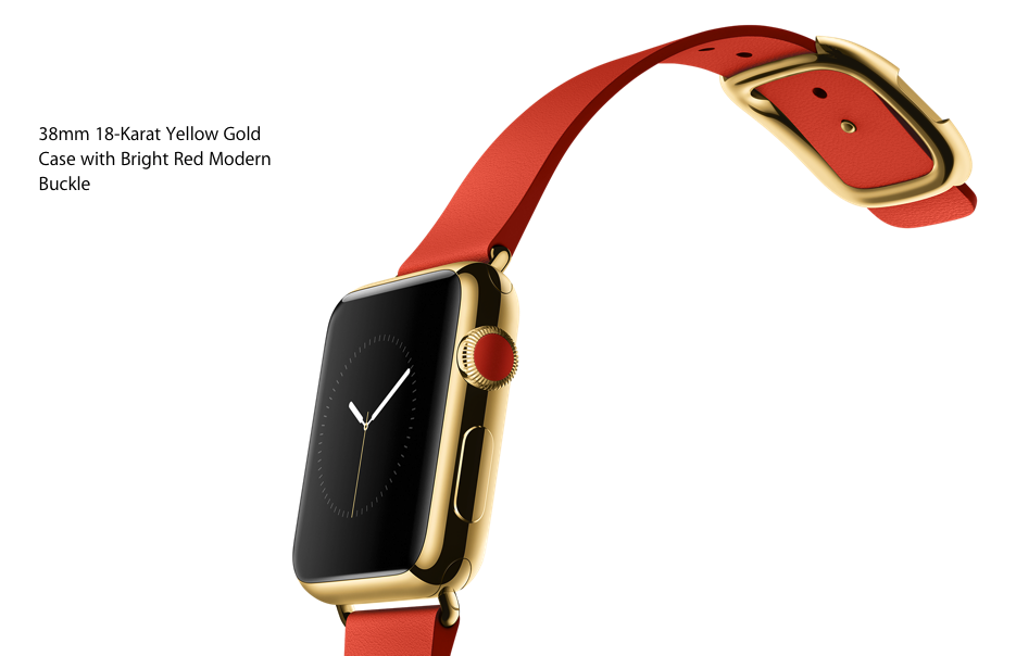 Apple-Watch-38mm-18-Karat-Yellow-Gold-Case-with-Bright-Red Modern Buckle